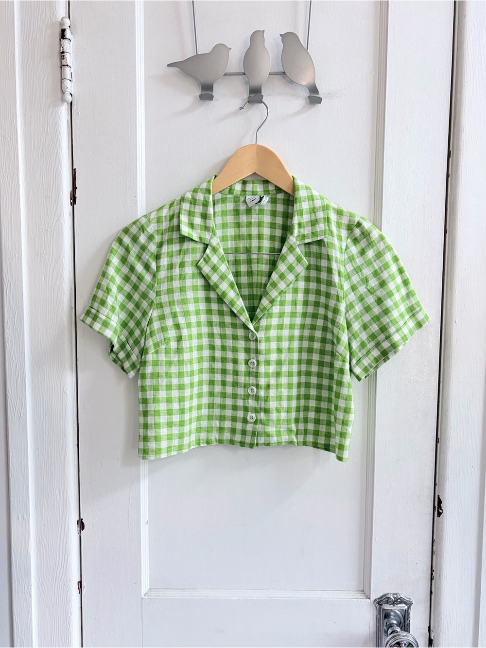 Simons Green Gingham Cropped Linen-Blend Button-Up Blouse